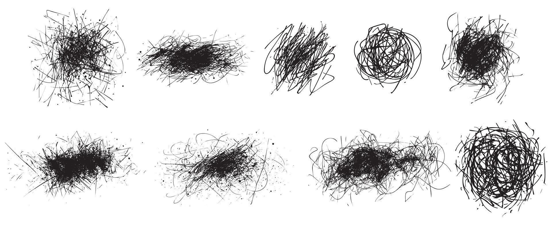 Abstract Scribble Set, Chaotic Hand-Drawn Sketch Lines in Black and White vector