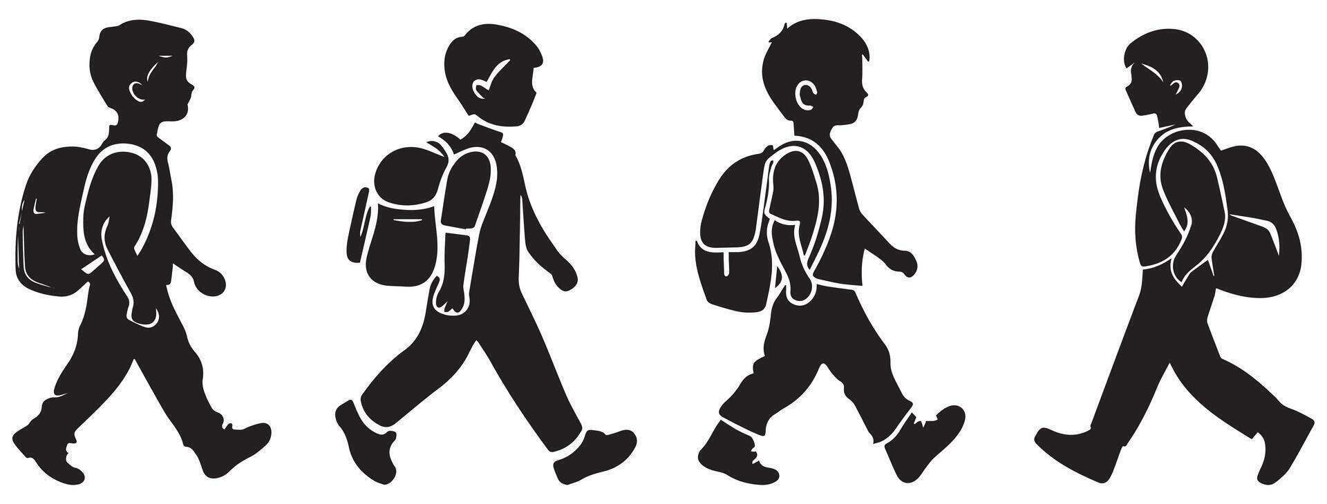 Walking School Boy Silhouette Set, Student with Backpack Illustration for Education, Learning, and Design Projects vector