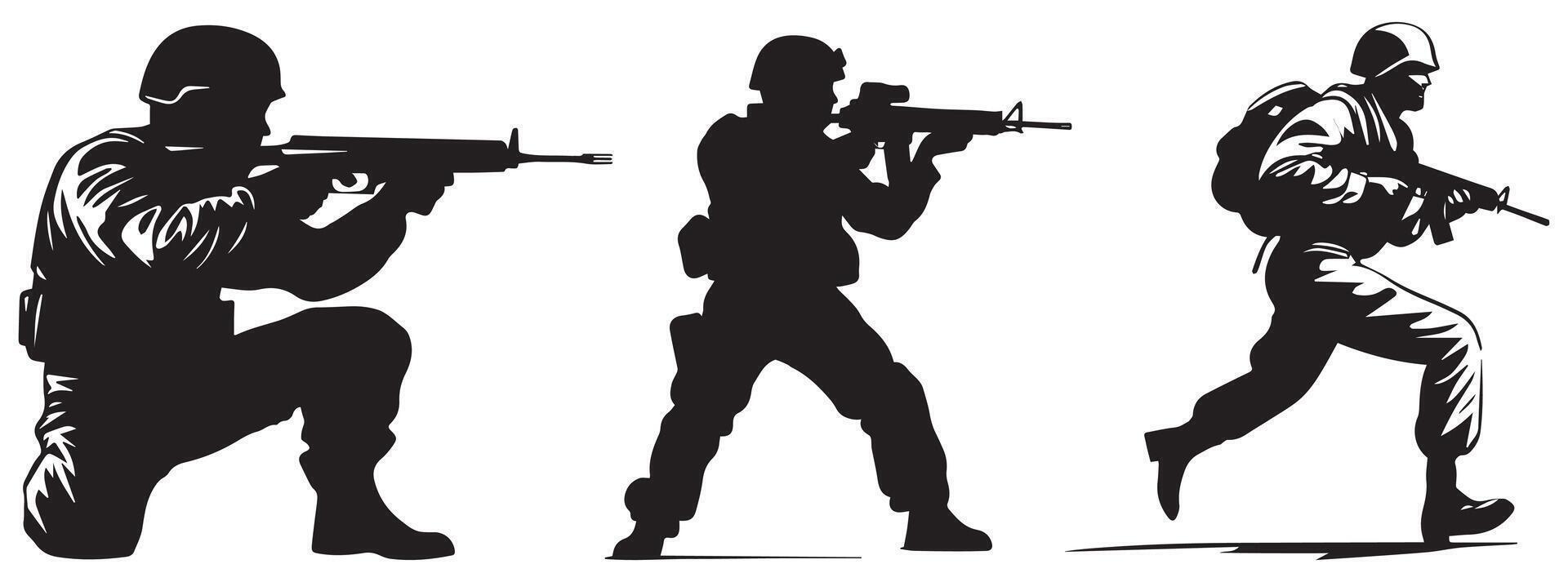Military Soldier Silhouette Set, Tactical Army Combat Poses, Special Forces, and Infantry Illustration for Design, Logo, and Graphics vector