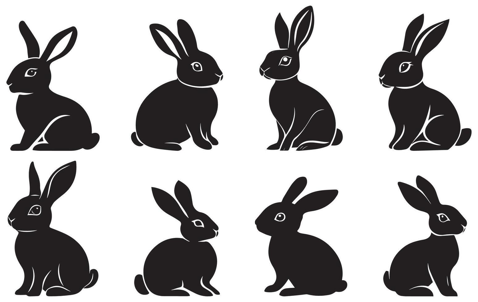 Sitting Rabbit Silhouette Set, Cute Bunny and Hare Illustrations for Wildlife, Easter, and Nature Designs vector