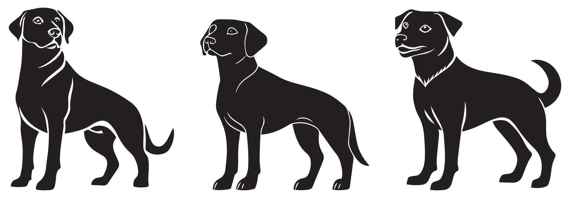 Black Labrador Retriever Dog Silhouettes, Standing Dog Illustration Set vector
