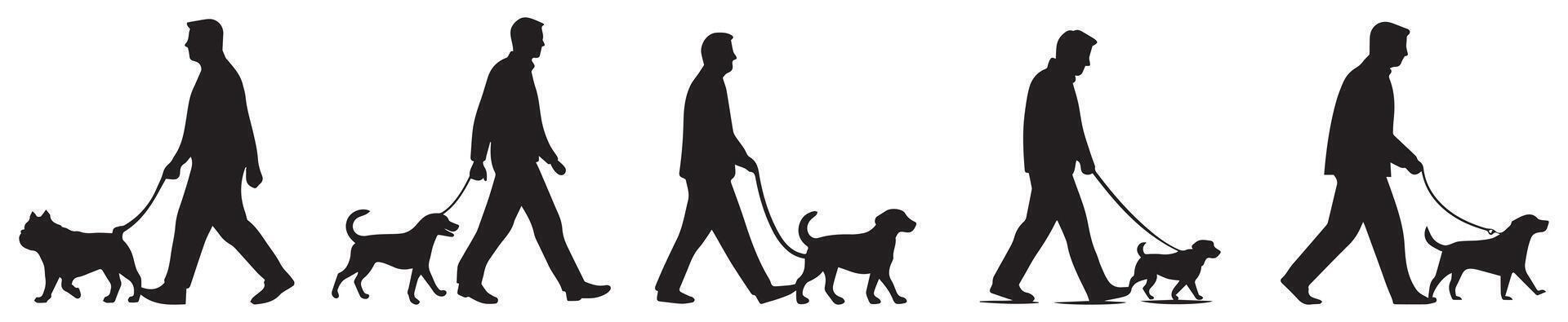 Man Walking Dog Silhouette Set, Black and White Illustration for Pet Designs, Logos, and Print Projects vector