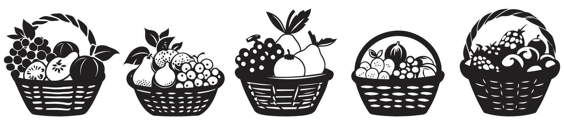 Fruit Basket Silhouette Set, Black and White Fresh Produce Design for Graphics vector