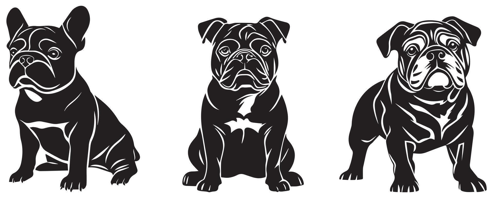Bulldog and French Bulldog Silhouette Set, Black and White Dog Clipart for Logos, Branding, and Design Projects vector