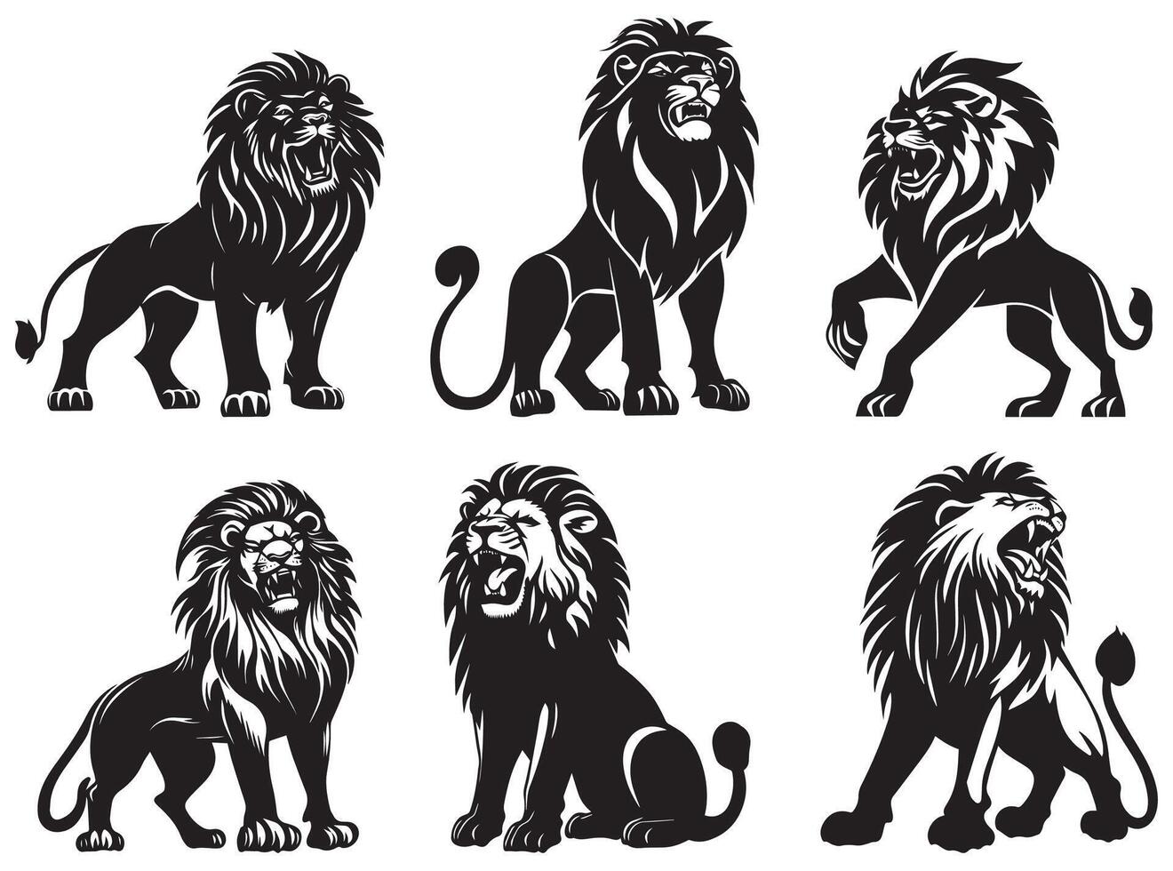 Lion Silhouette Set, Majestic Roaring Lion Illustrations for Logos, Tattoos, and Graphic Design Projects vector