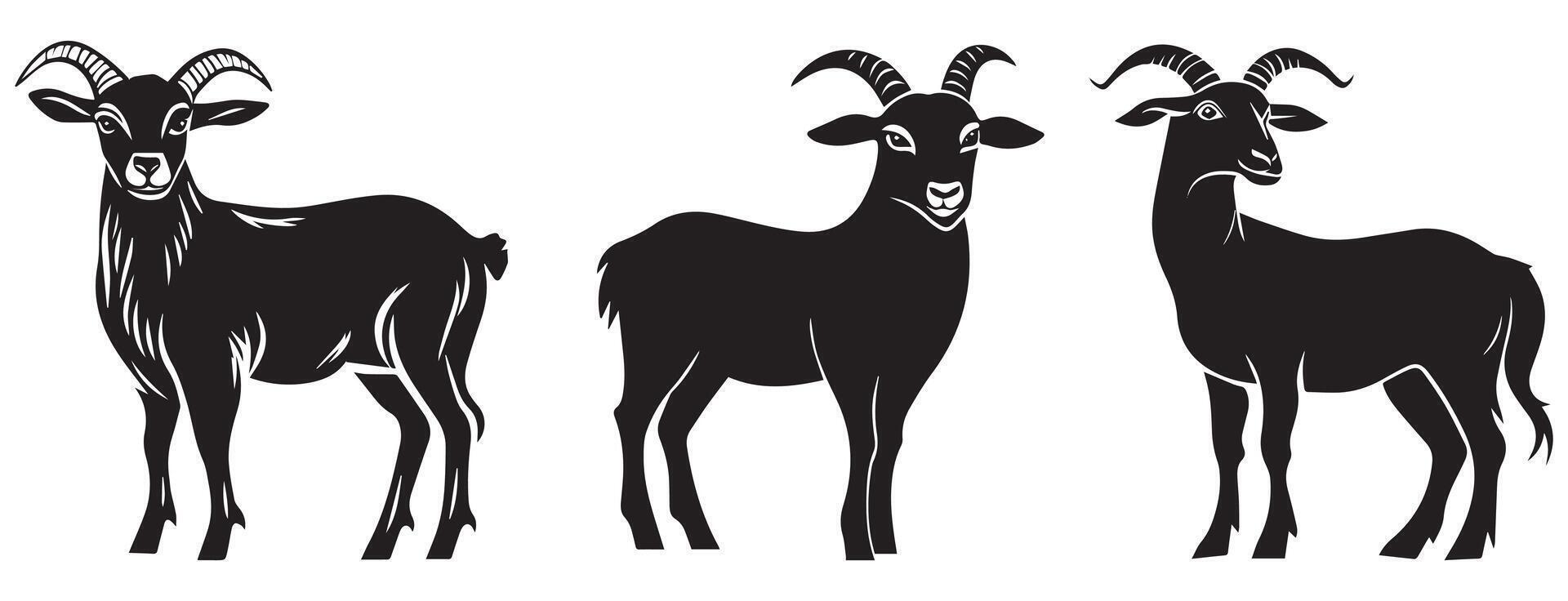 Goat Silhouette Set, Farm Animal, Livestock, and Wildlife Illustration vector