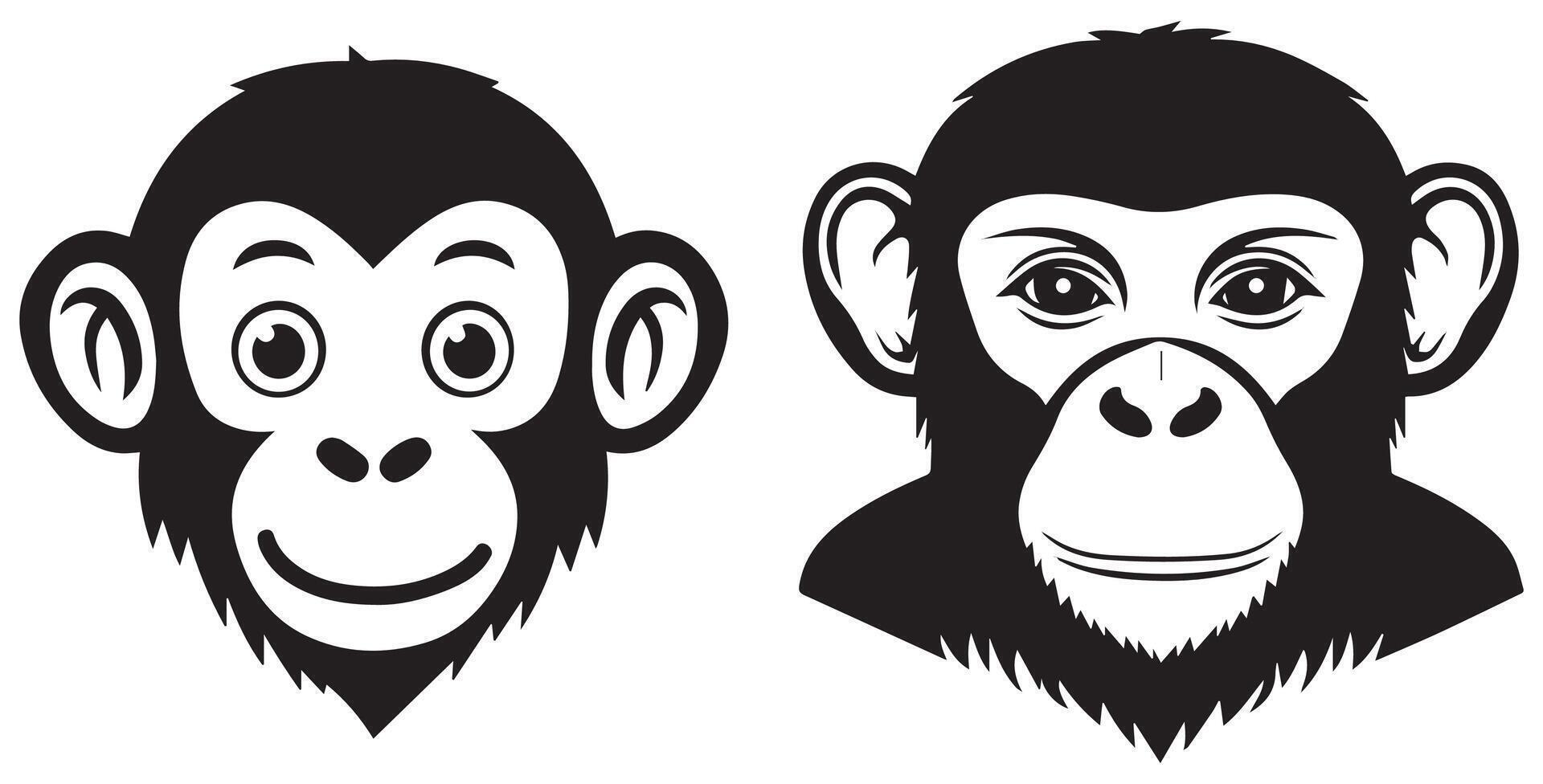 Monkey Face Silhouette Set, Cute and Realistic Ape Illustrations for Logos and Designs vector