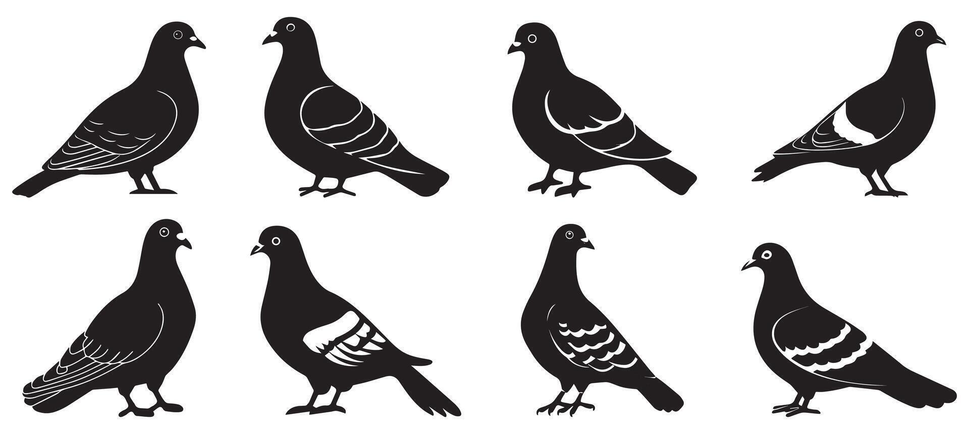 Pigeon Silhouette Set, Collection of Decorative Flying Bird Icons vector
