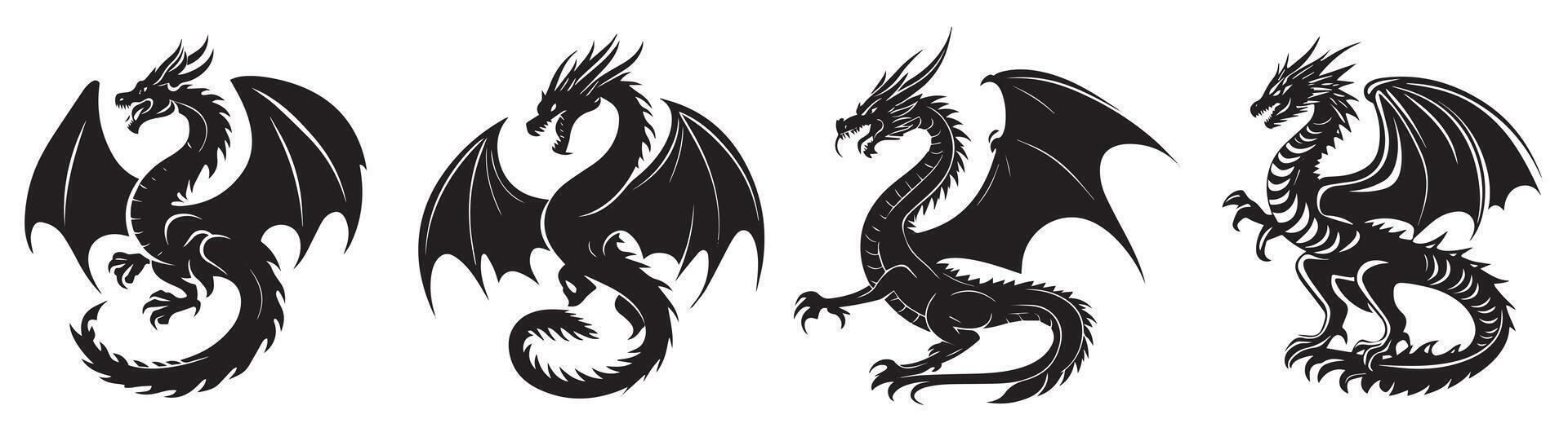 Dragon Silhouette Set, Fantasy Mythical Creatures for Logos, Tattoos, and Illustrations vector