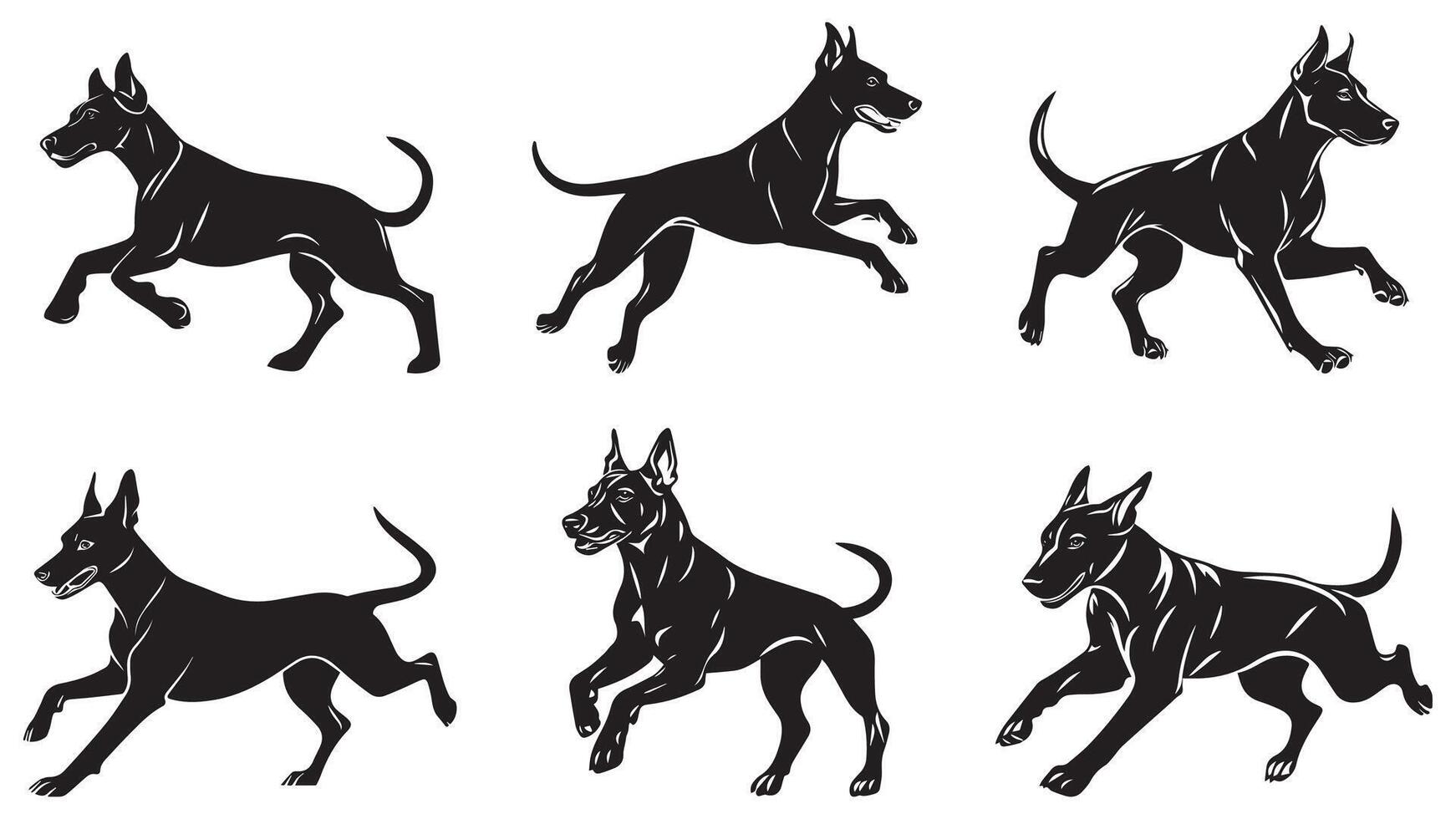 Jumping Doberman Silhouette Set, Elegant and Agile Dog Illustrations vector