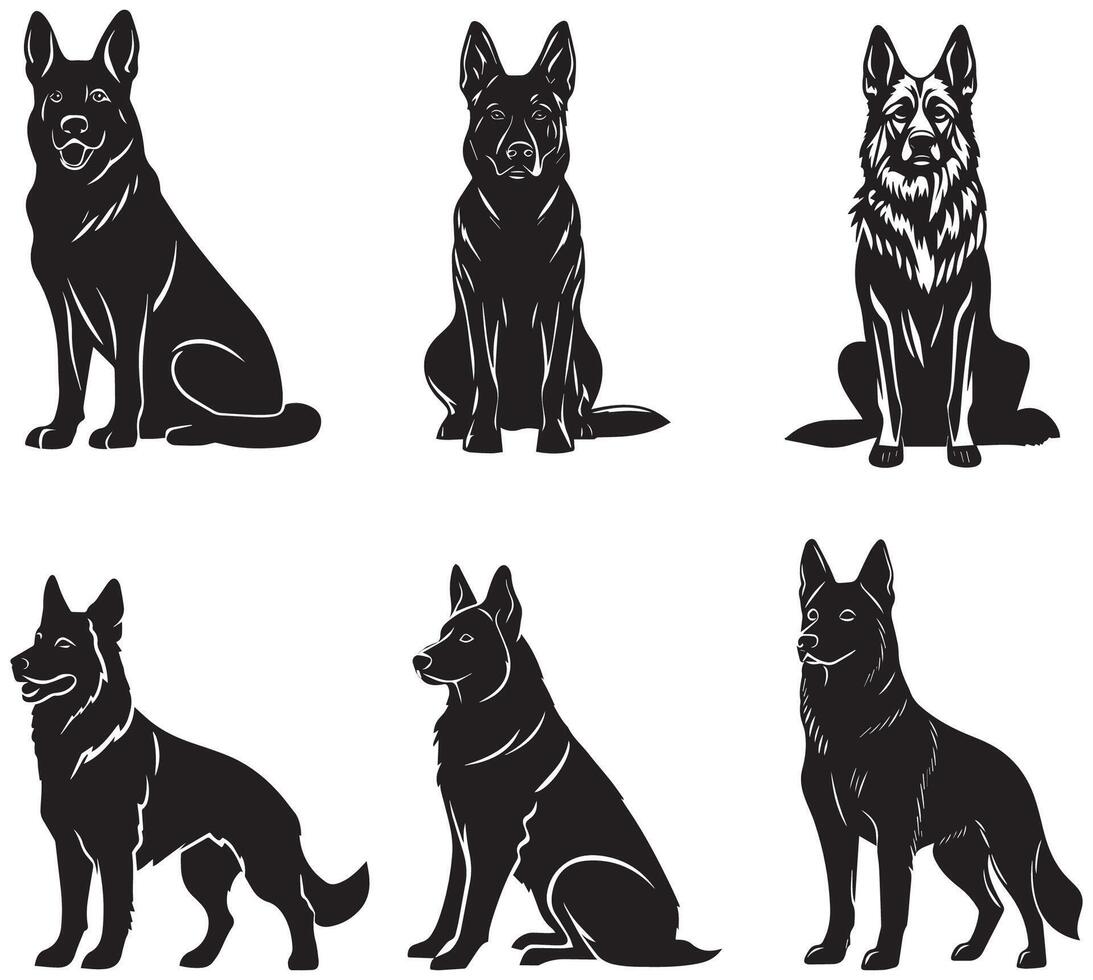 German Shepherd Dog Silhouette Set, Black and White Digital Illustration vector