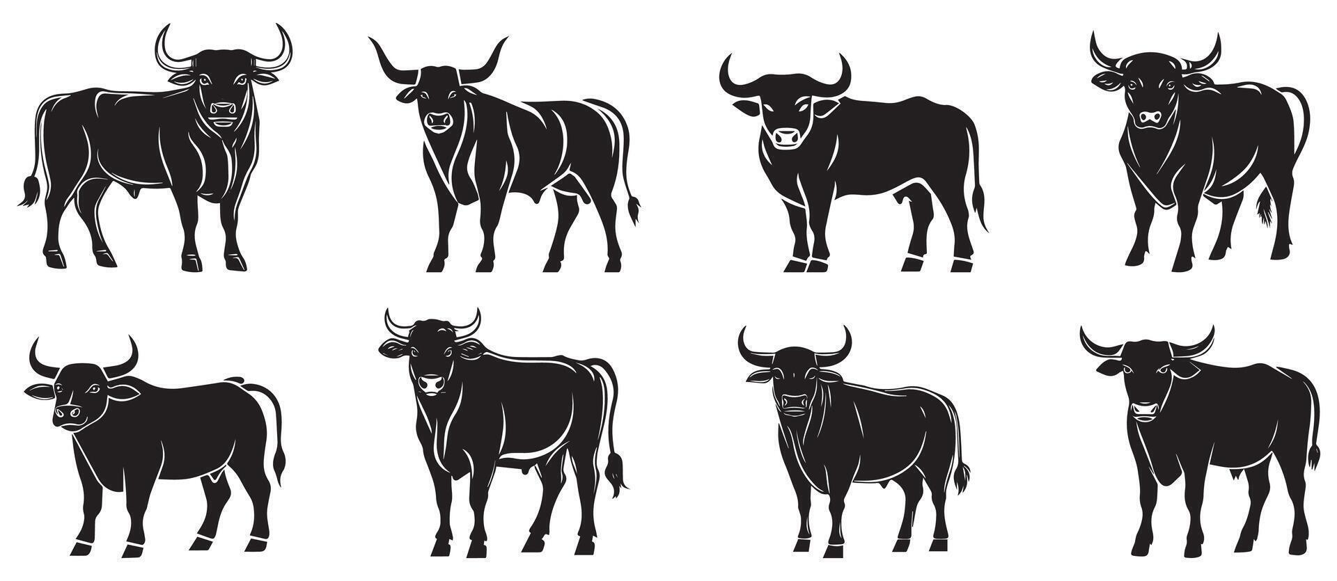 Set of Bull and Cow Silhouettes, Farm Animal Illustrations vector