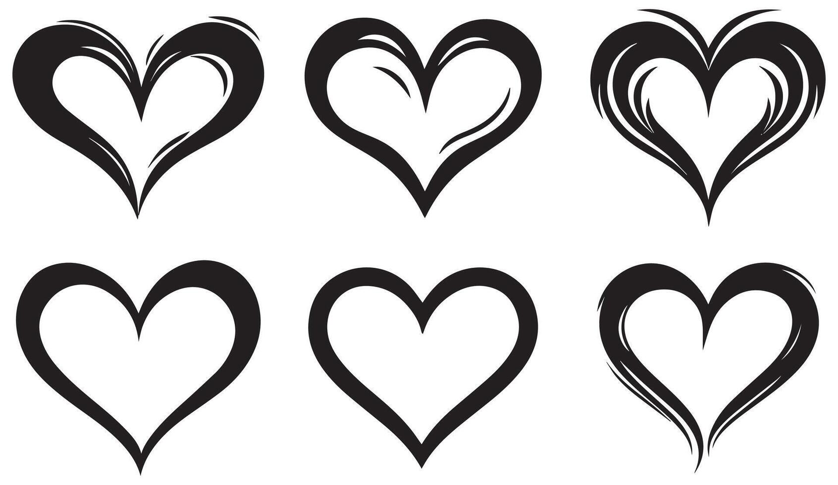 Abstract Heart Outline Set, Black Romantic Love Symbols, Hand-Drawn Heart Shapes, and Decorative Tattoo-Style Graphics for Design vector