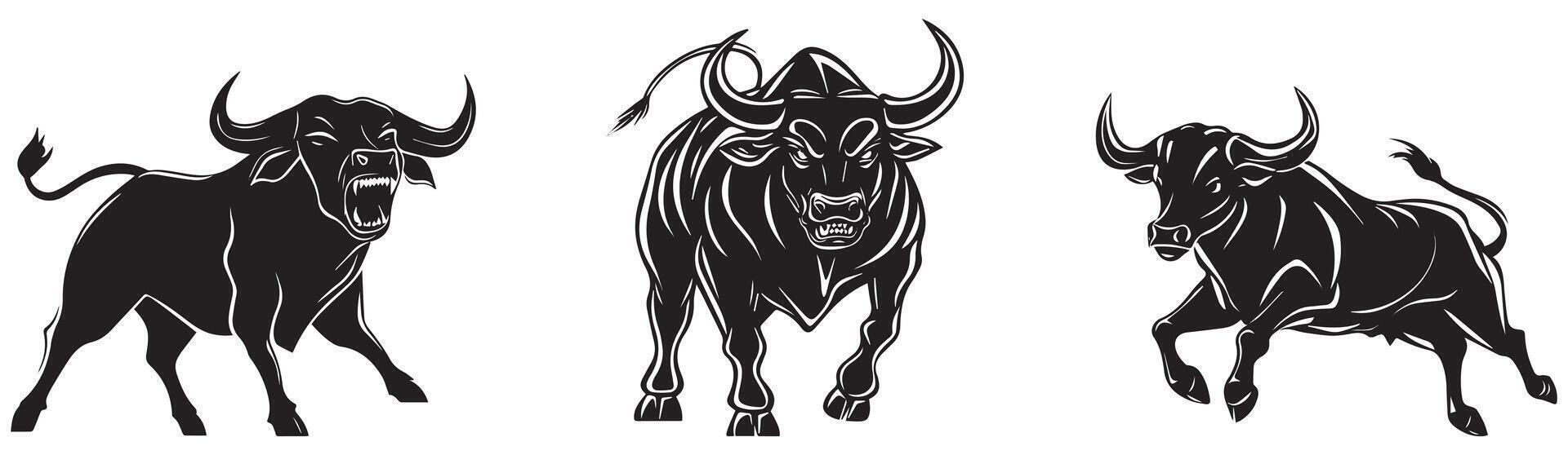Fierce Charging Bull Silhouettes, Powerful Bull Illustrations vector