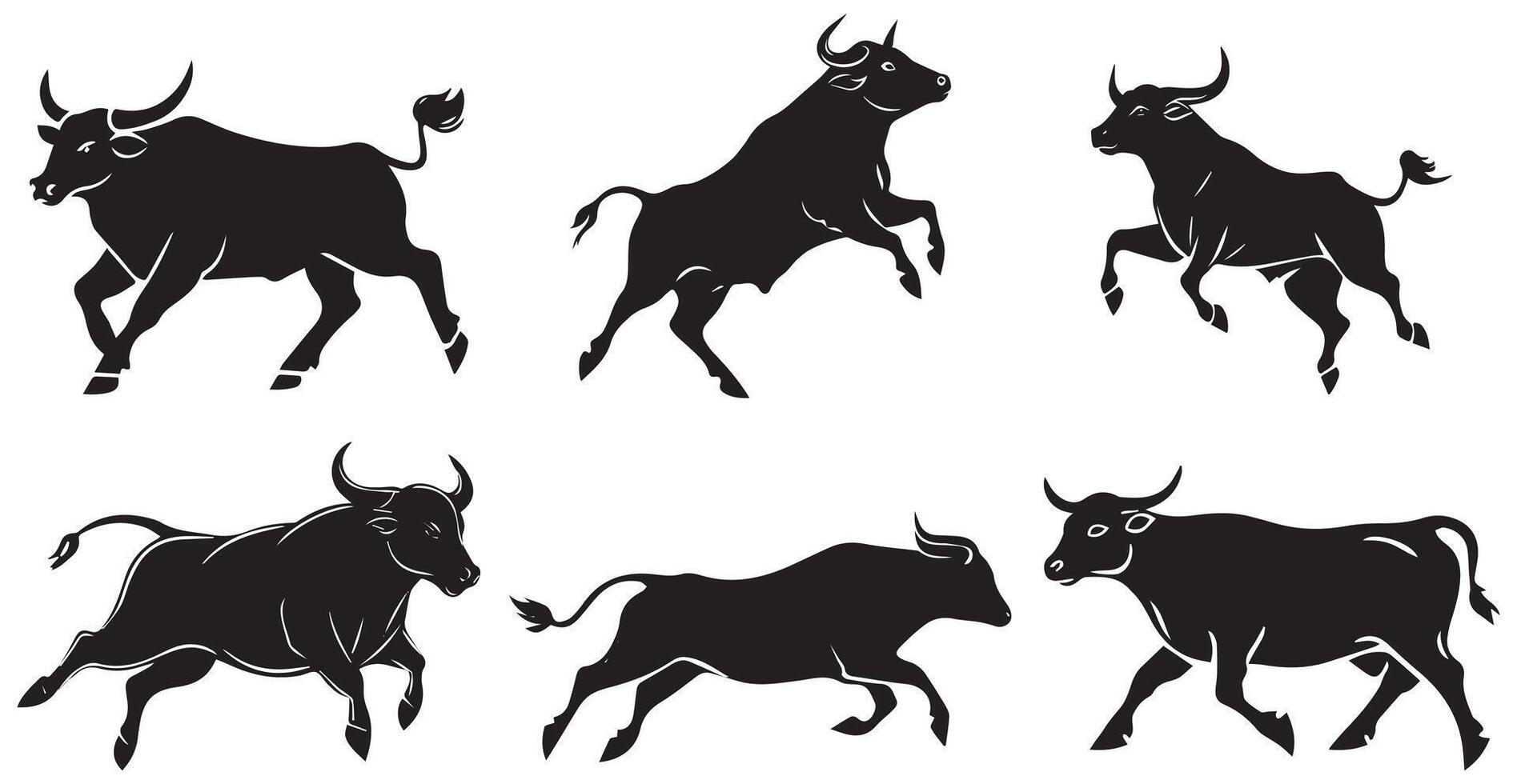 Running Bull Silhouettes, Dynamic and Powerful Bull Illustrations vector