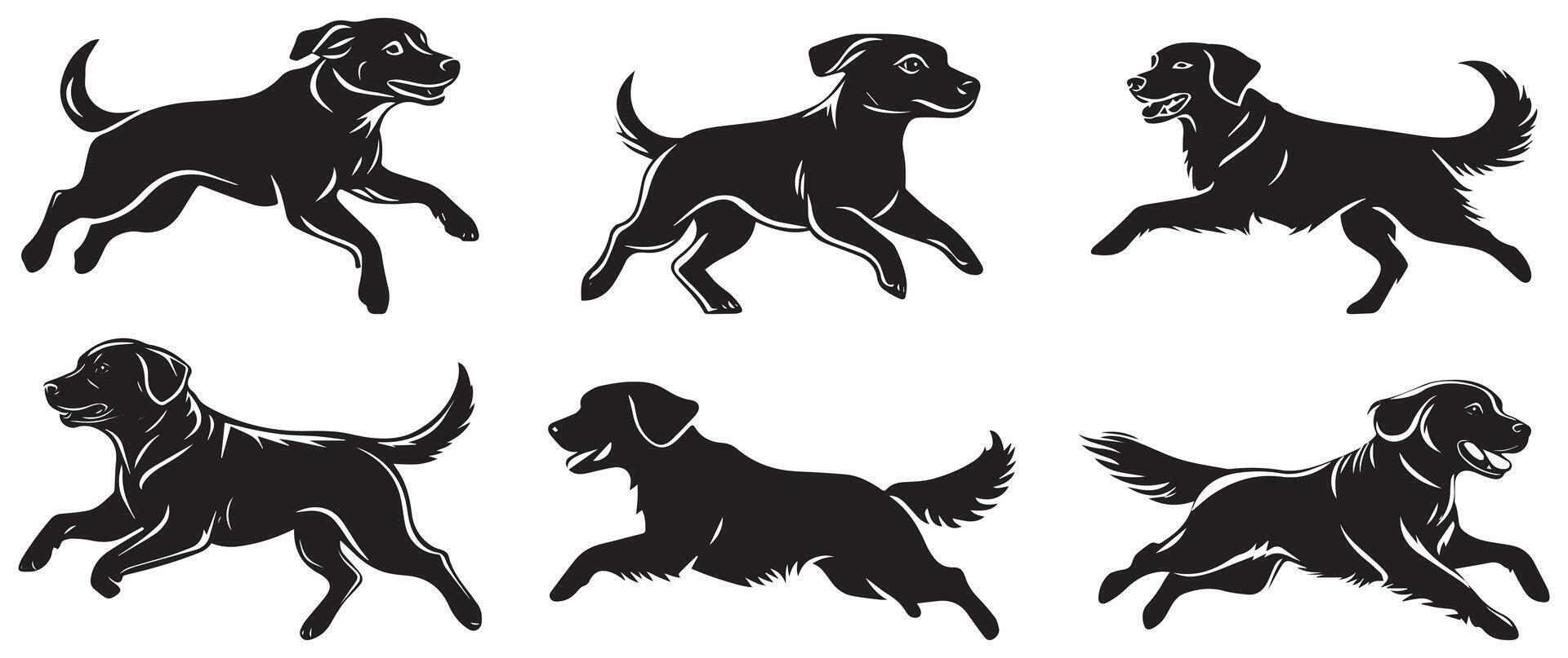 Running Dog Silhouette Set, Playful Golden Retriever and Labrador Illustrations vector