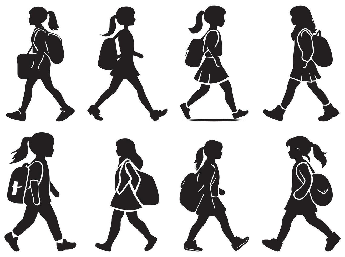 Walking School Girl Silhouette Set, Student with Backpack Illustration for Education, Childhood, and Design Projects vector