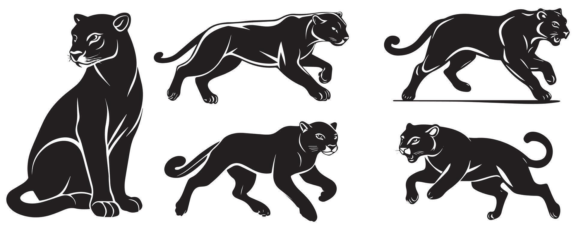 Black Panther Silhouette Set, Elegant and Powerful Big Cat Illustrations for Logos, Tattoos, and Designs vector