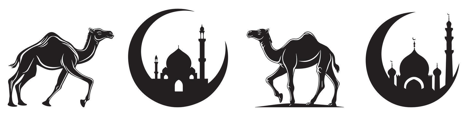 Islamic Silhouette Set, Crescent Moon, Mosque, and Camel Desert Scene Illustration vector