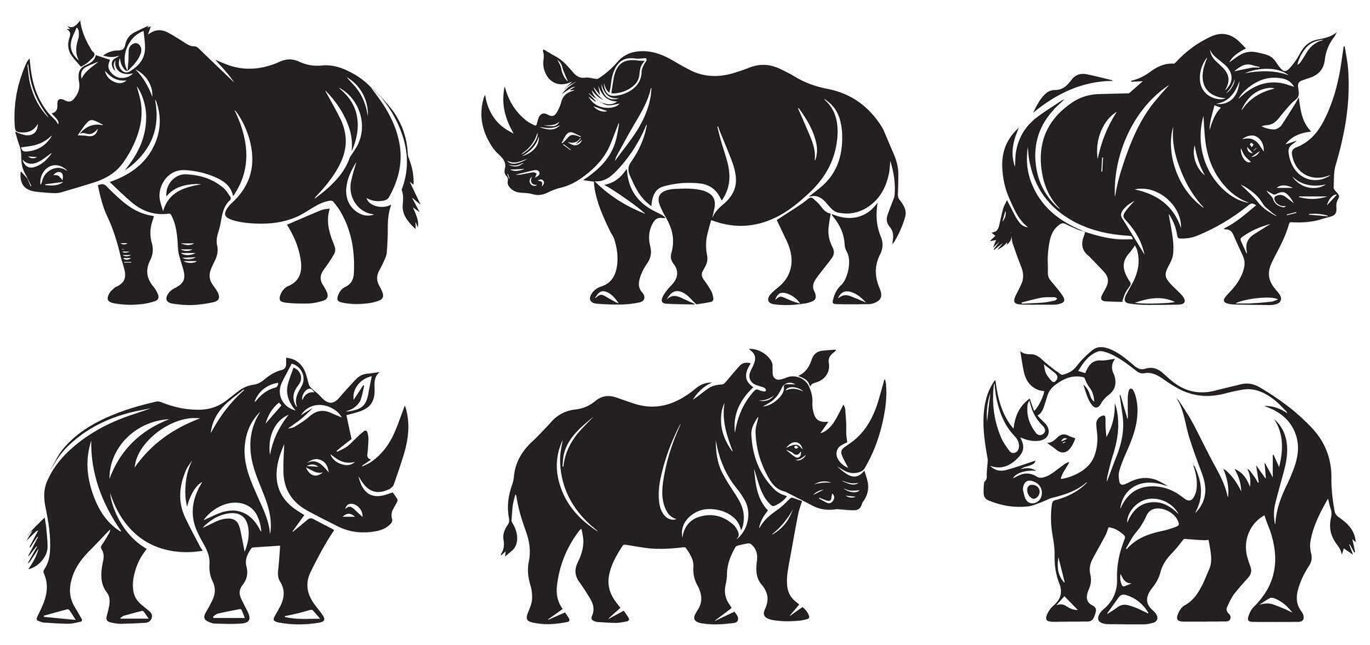 Rhino Silhouette Set, Wildlife Animal Illustrations for Logos, Tattoos, and Design Projects vector