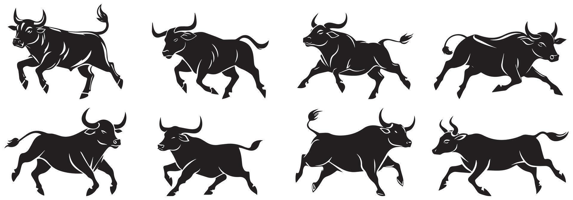 Charging Bull Silhouettes, Dynamic Running Bull Illustrations vector