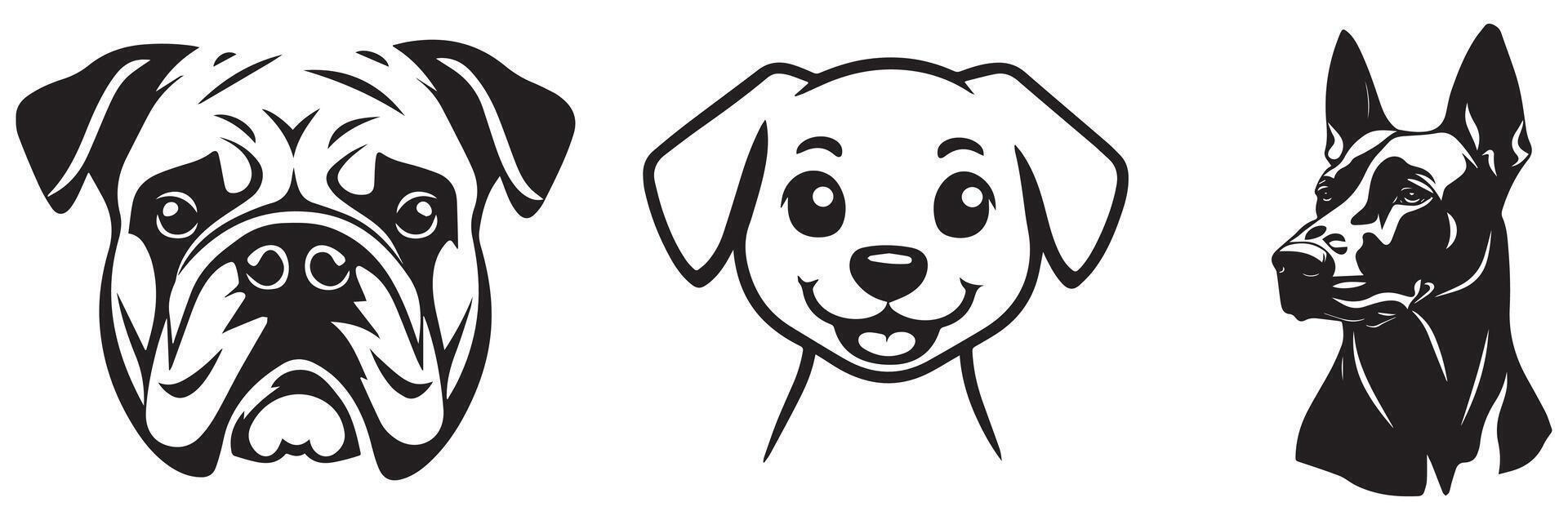 Dog Face Silhouette Set, Bulldog, Cute Puppy, and Doberman Head Illustrations vector