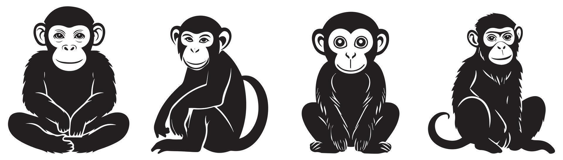 Monkey Silhouette Set, Playful and Cute Primate Illustrations for Wildlife and Jungle Designs vector