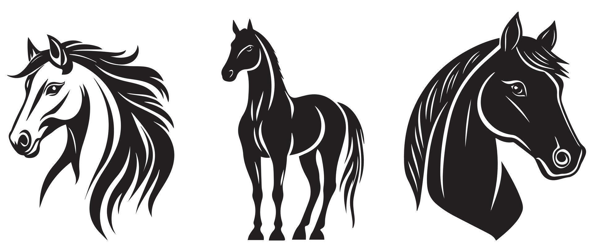 Majestic Horse Head and Standing Stallion Silhouette Set, Elegant Equine Art for Logos and Designs vector