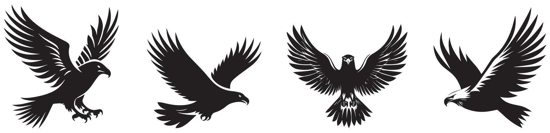 Eagle Silhouette Set, Majestic Flying Hawk and Bald Eagle Illustrations vector