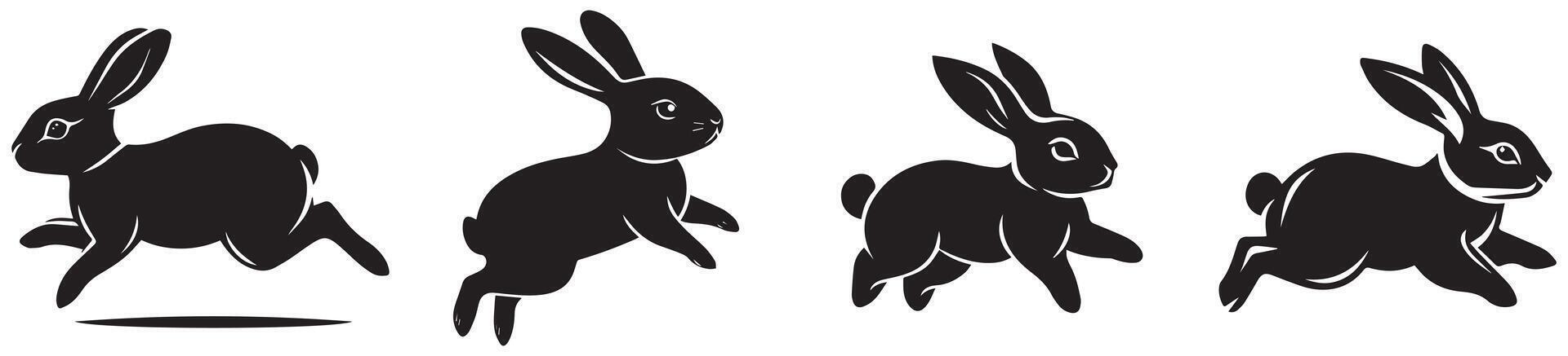 Jumping Rabbit Silhouette Set, Dynamic Running and Leaping Bunny Illustrations for Easter, Wildlife, and Nature Designs vector