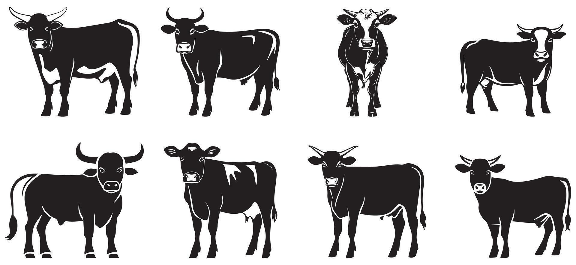 Realistic Bull and Cow Silhouettes, Farm Animal Illustrations vector