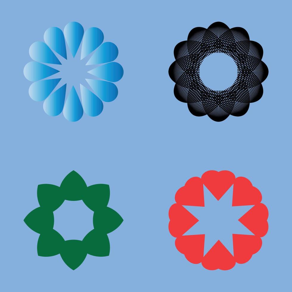 A collection of four vibrant, abstract floral designs, each with unique petal arrangements, a perfect blend of color and geometric harmony vector