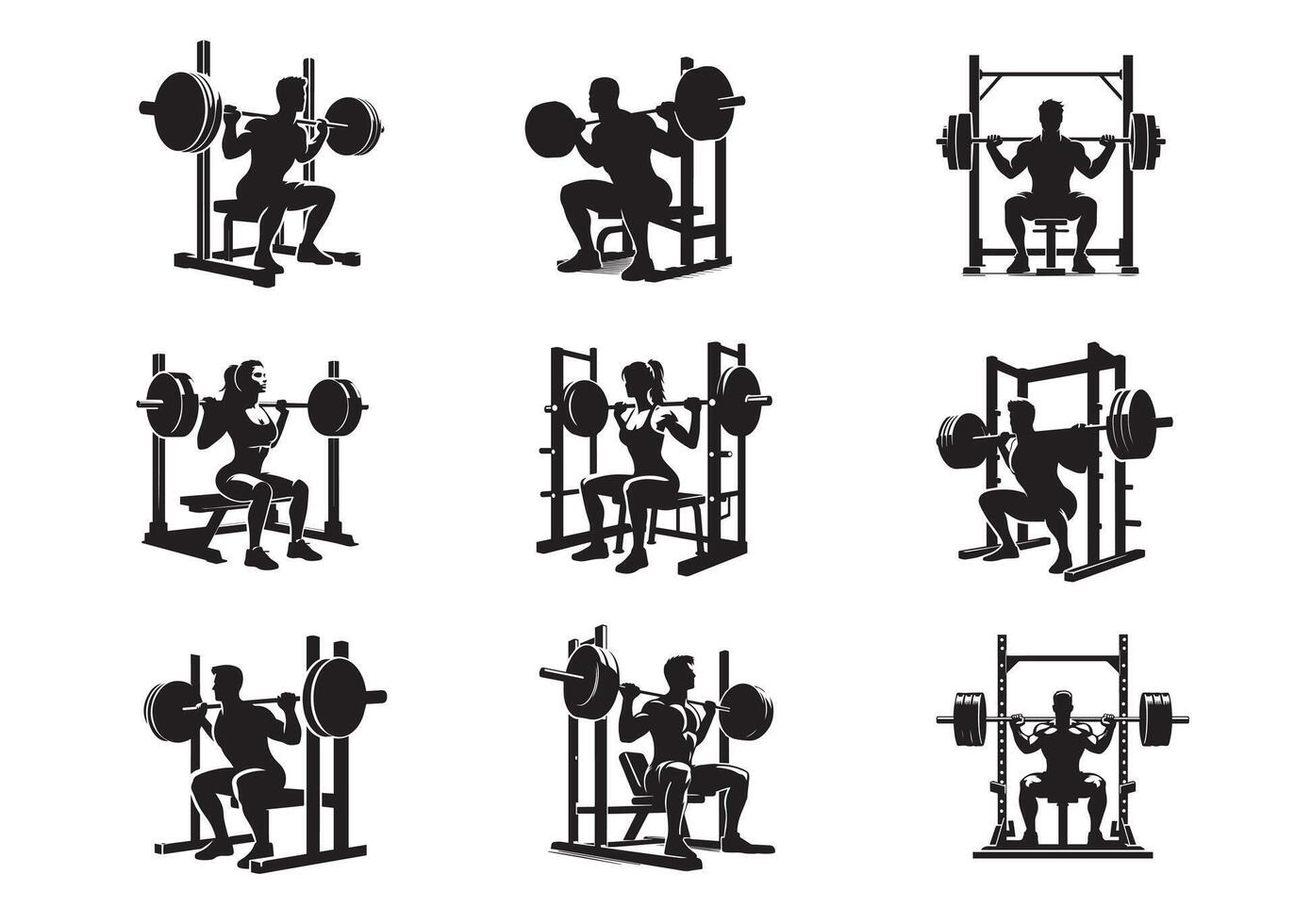 Strong Smiling Man Doing Bench Press Exercise Silhouettes Set vector