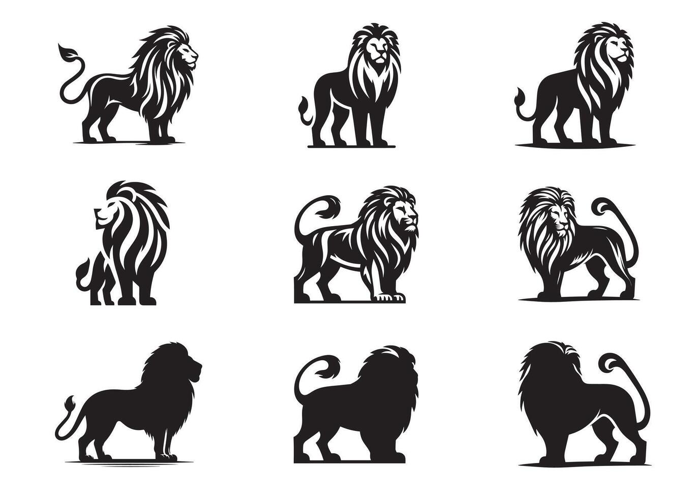 Lion king silhouette black logo animals silhouettes icons set vector