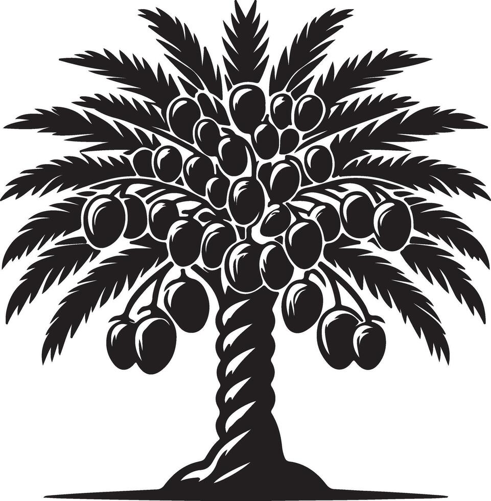 Date Palm Tree Black Silhouette Abundant Fruit Tropical Design, vector