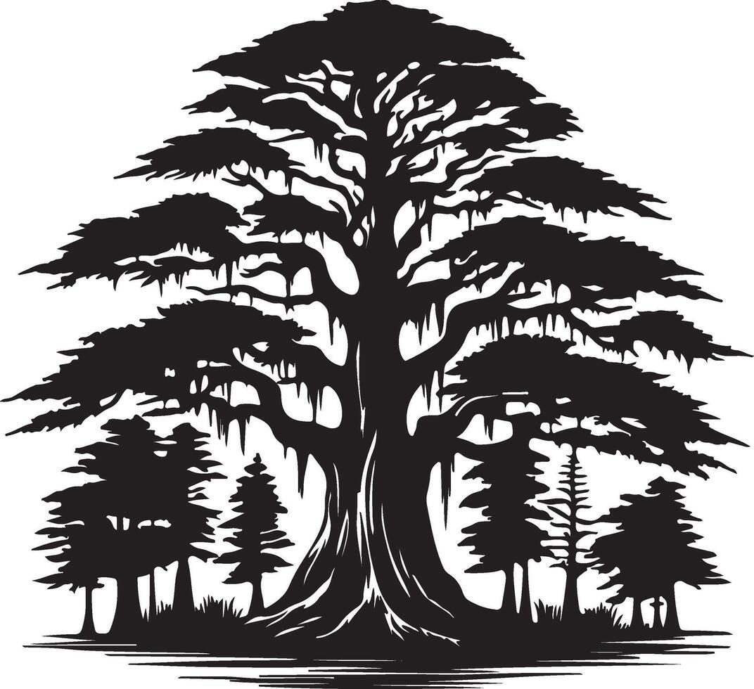 the silhouette of a tree with a lake in the background vector