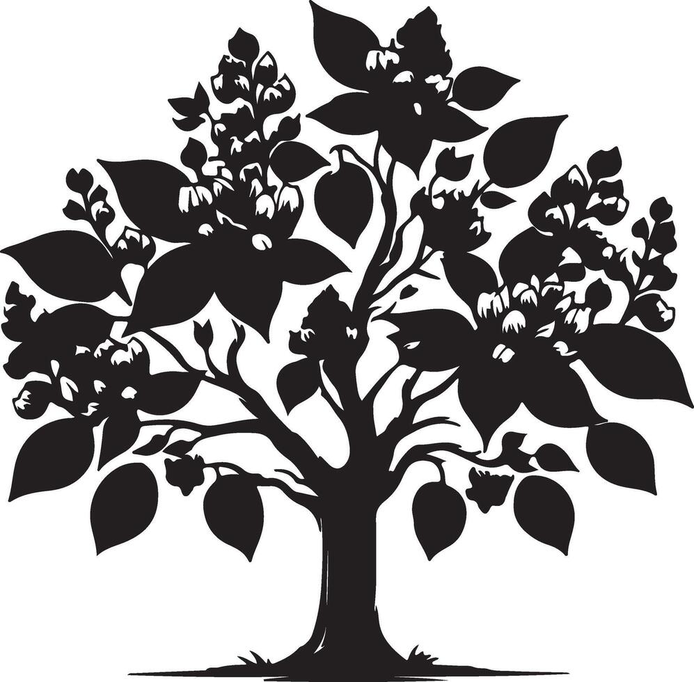 Black and white stylized tree with roots and grass vector