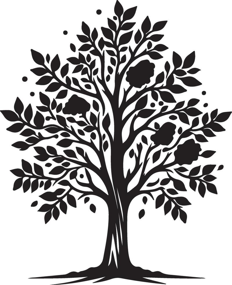 Black and white flowering tree silhouette art nature design vector