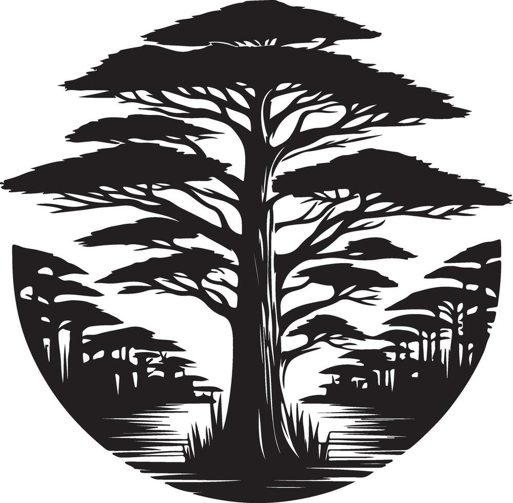 a black and white logo of a tree with water and trees vector