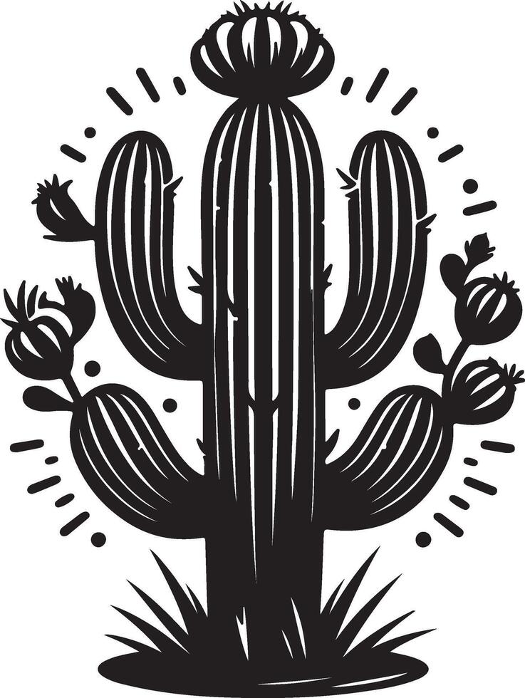 Desert Cactus Silhouette Botanical Art Black and White vector