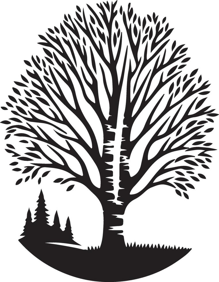 a black and white silhouette of a tree with a birch tree vector