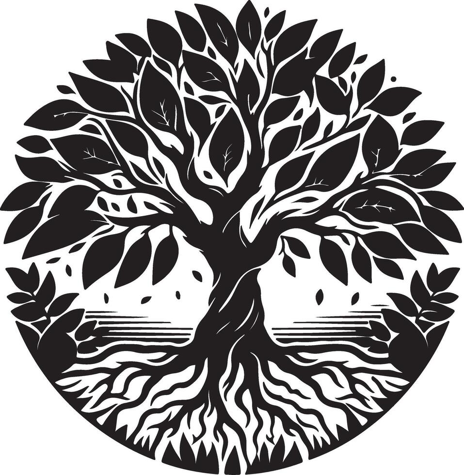 Black and white tree of life in a circle design vector