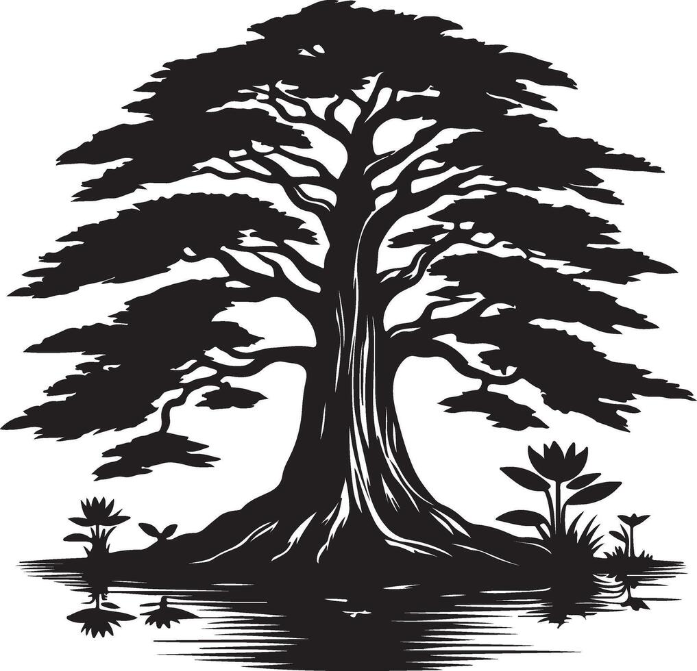 Majestic Oak Tree Silhouette Forest Landscape, vector