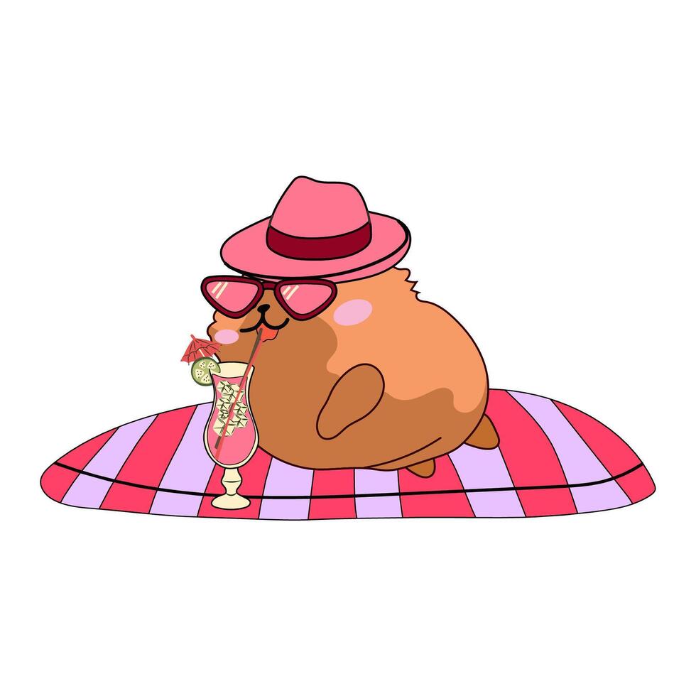 Cute cartoon hamster enjoying a summer cocktail at the beach, relaxing under the sun with a fun and playful vibe vector