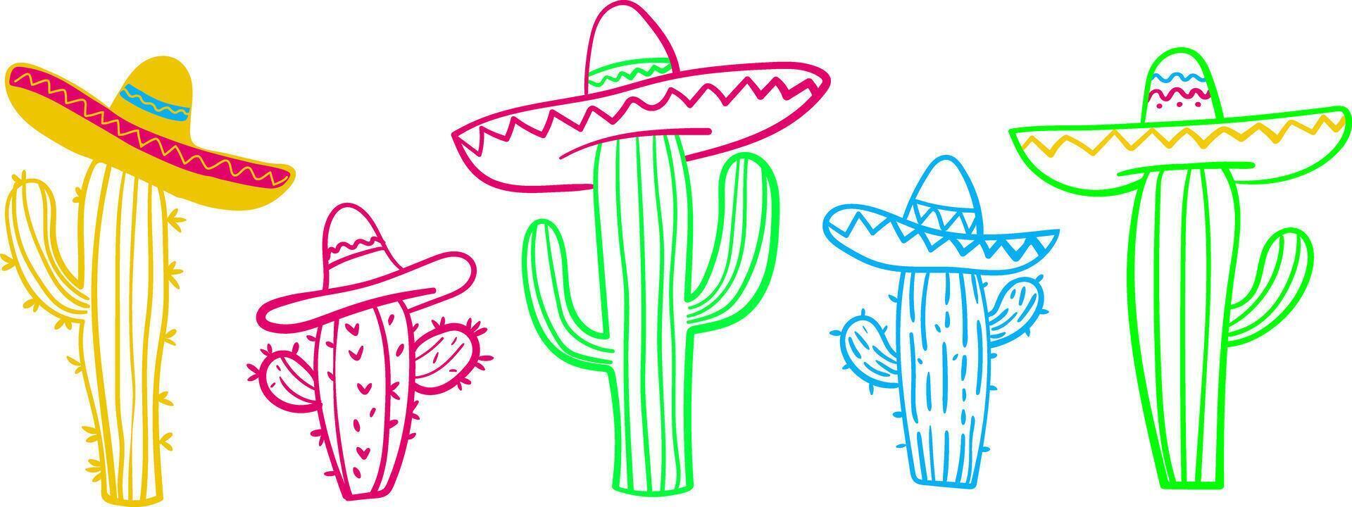 cute minimalist cacti wearing sombreros isolated on white background, colorful hand-drawn mexican illustration for cinco de mayo fiesta, party and decoration vector