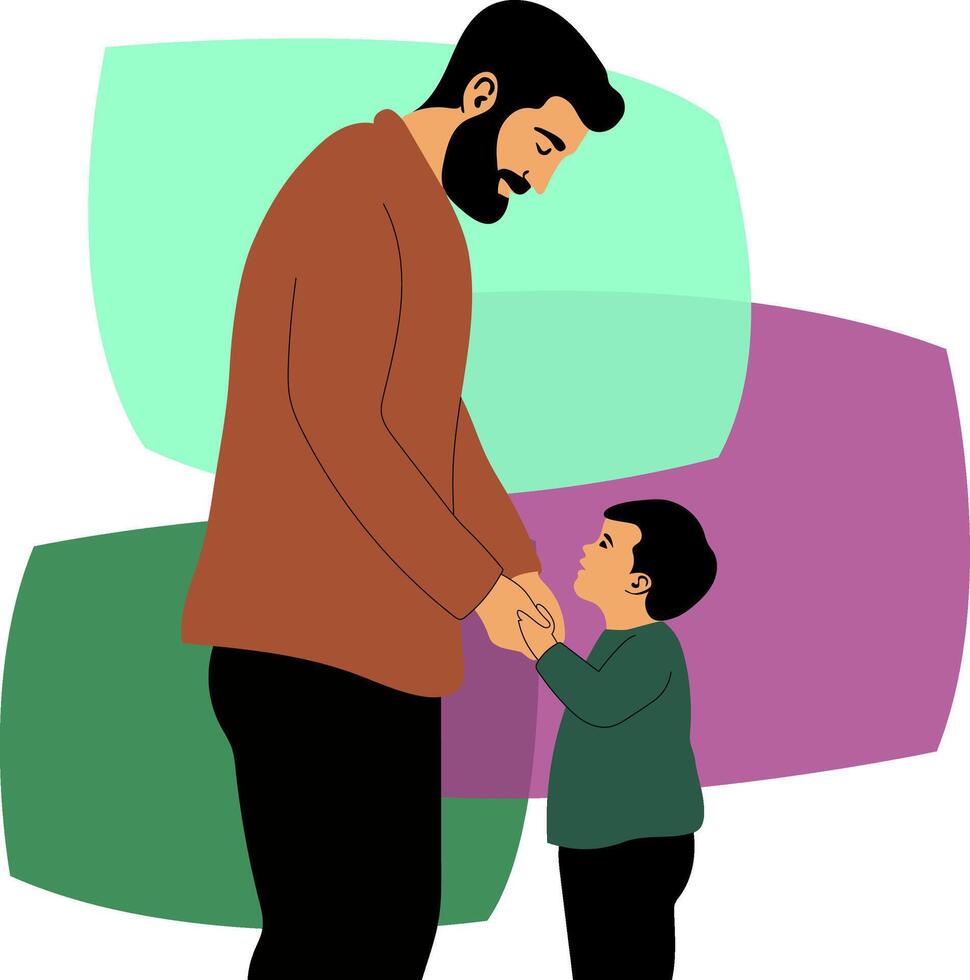father holding son's hands illustration, isolated loving father and child family moment parental support bonding abstract background shapes father's day vector