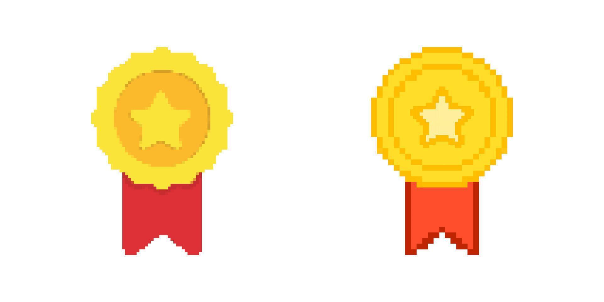 Retro Medal And Award Pixelated Icon Set. Pixel Art Symbol Collection Of Gold Medals And Stars In Pixel Design. Isolated Illustration vector