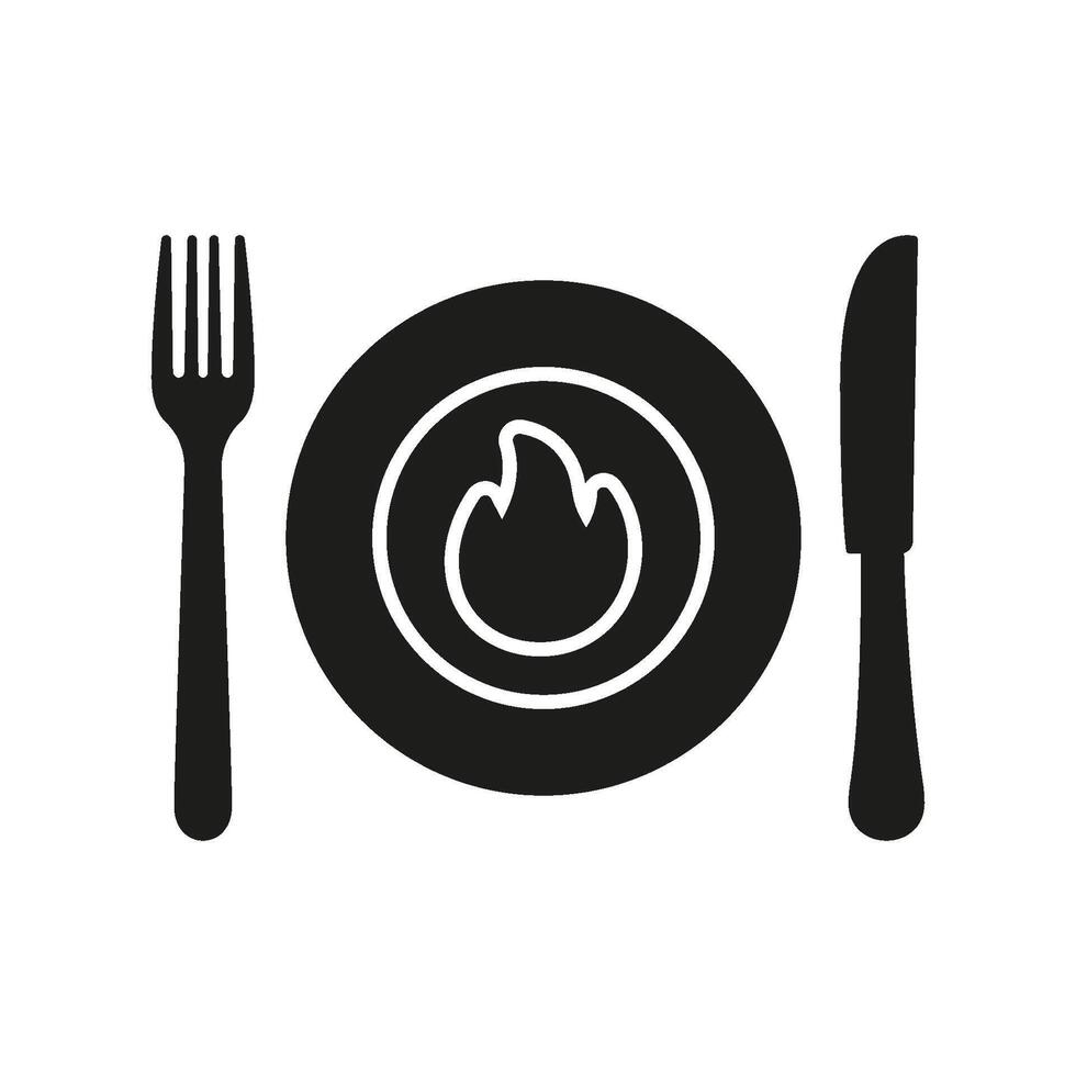 Dining plate with fire symbol reflecting spicy food and culinary solid icon. Fiery cuisine, hot dishes, and intense flavor silhouette symbol. Isolated illustration vector