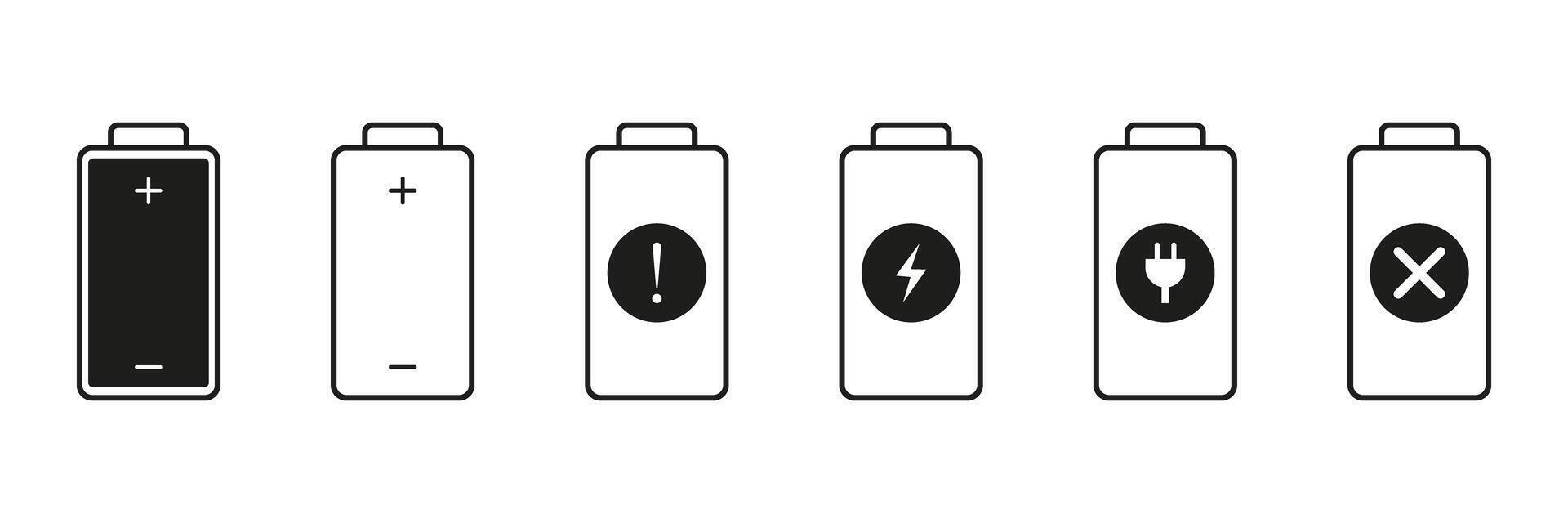 Battery Charge Level Icons Solid Icon Set. Battery Power Symbol Silhouette Symbol Collection. Isolated Illustration vector
