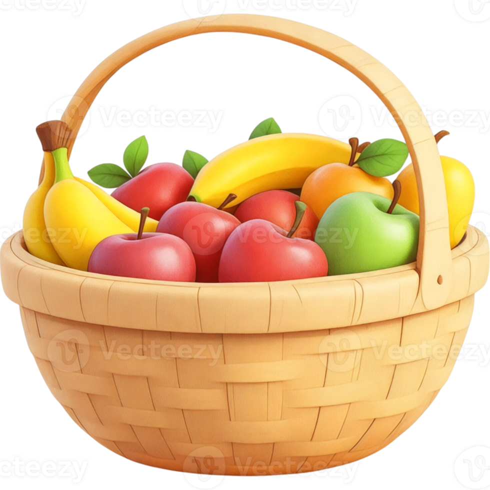 Wicker Basket Overflowing with Apples, Bananas, and Oranges png